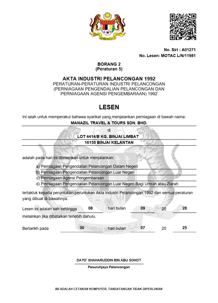 Sijil lesen MOTAC KPK/LN 11981 Manazil Travel & Tours